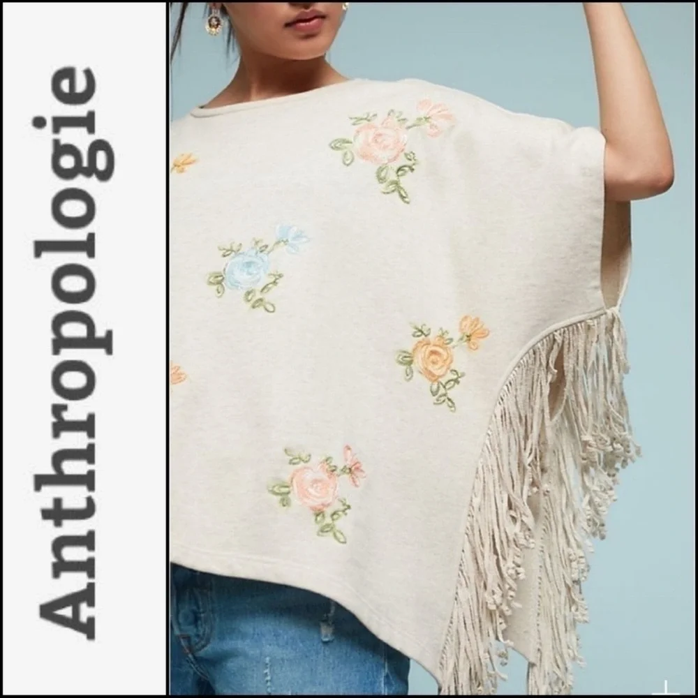 Anthropologie TP Cream Embroidered Fringe Poncho One Size